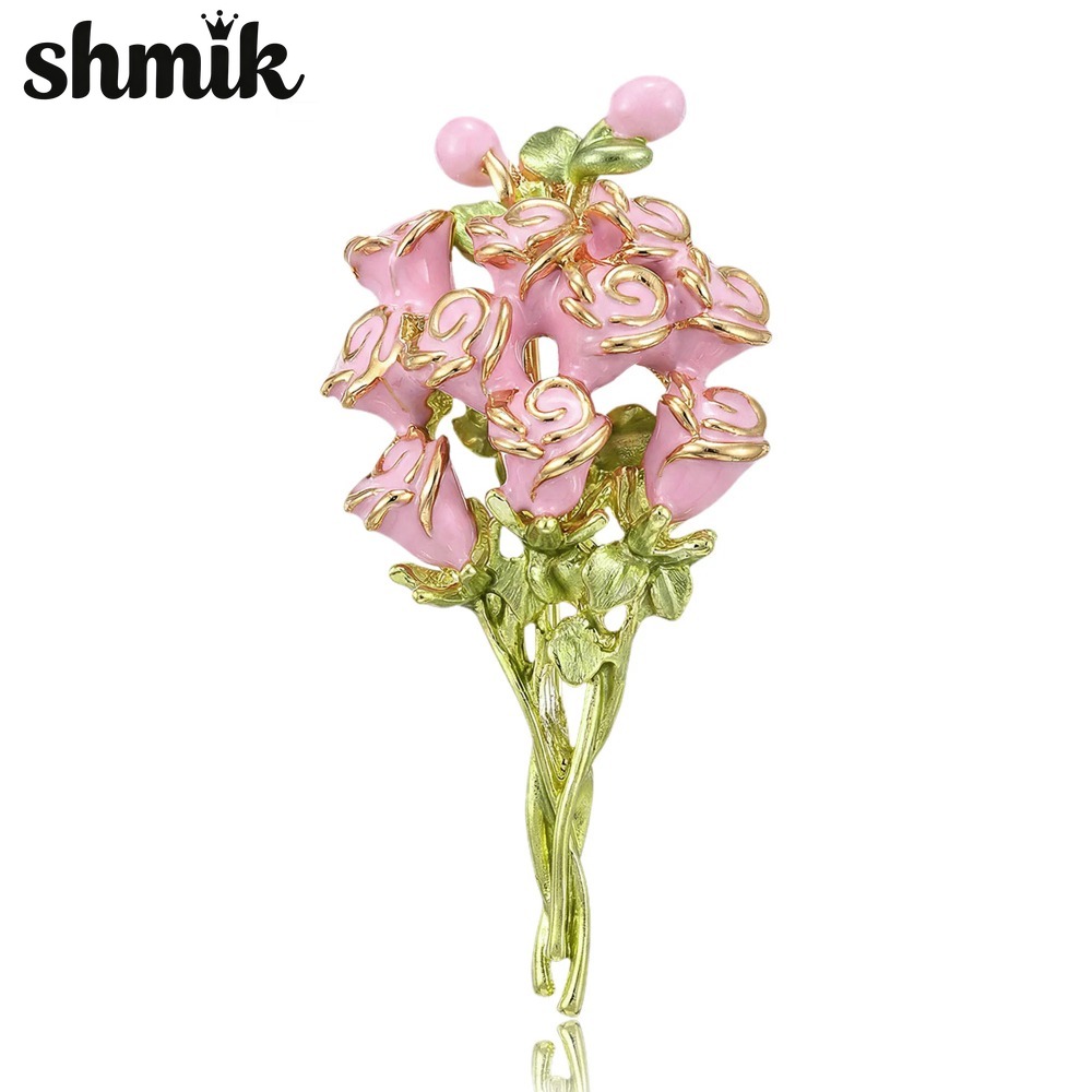 Women Accessories Bouquet - Pink Enamel Rose Bouquet Brooches for