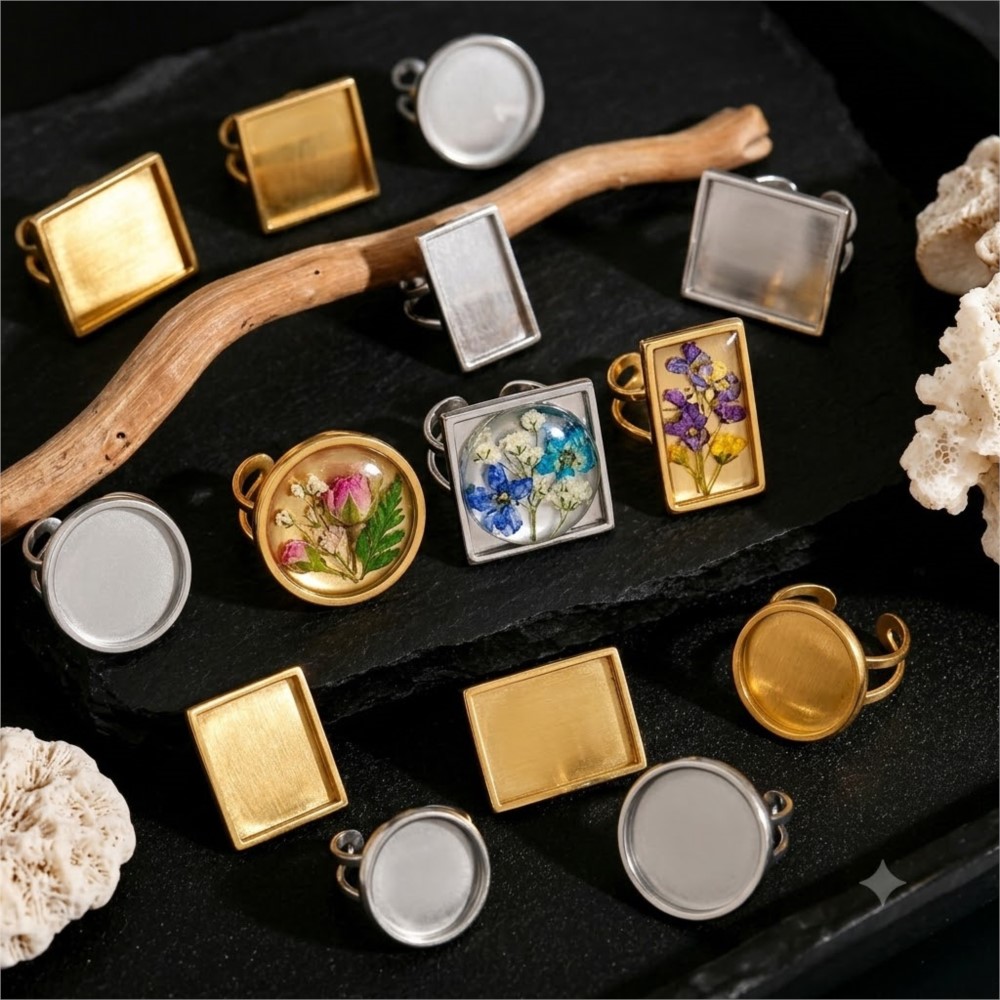 2pcs Stainless Steel Square Fl - Ring Set Adjustable 评论和价格