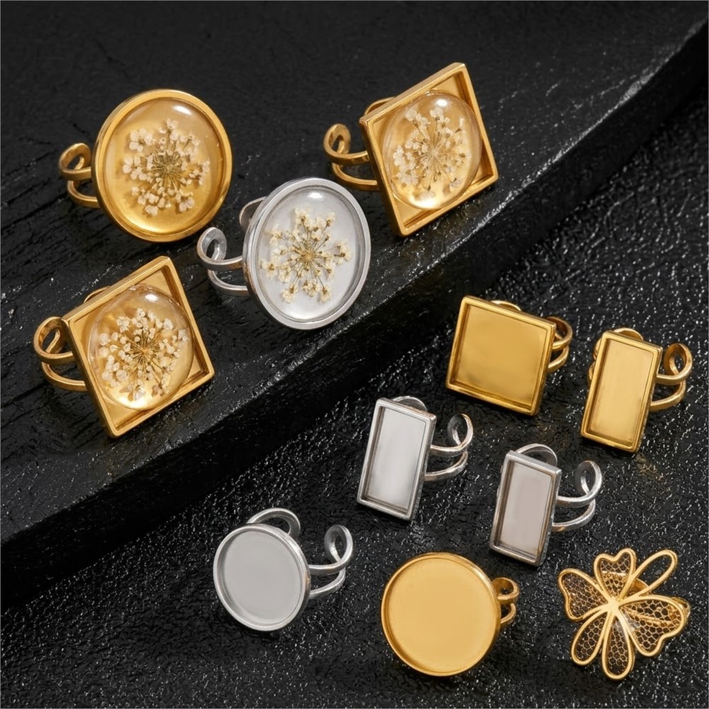2pcs Stainless Steel Square Fl - Ring Set Adjustable 评论和价格